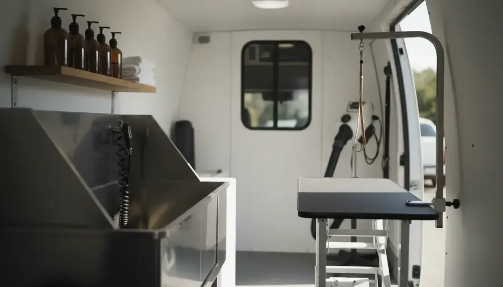 Stainless tub, grooming table and shelf of pump bottles in a grooming van at rest