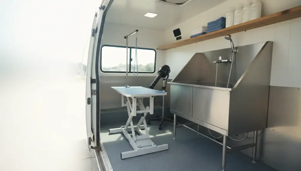 Inside a grooming van: stainless walk-in tub, padded table with its arm, stand dryer and folded towels