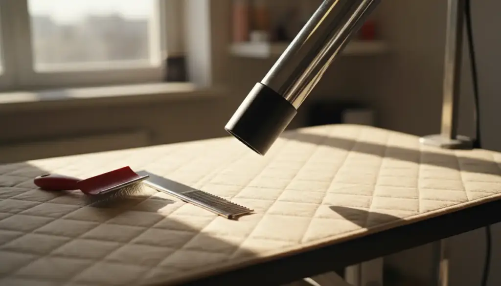 Stand dryer nozzle angled over a padded grooming table, a slicker brush and steel comb beside it