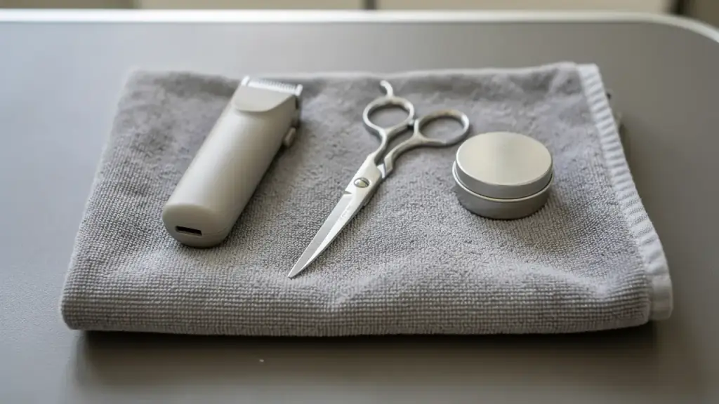 Cordless paw trimmer, curved thinning scissors and a tin of paw balm on a folded grey towel