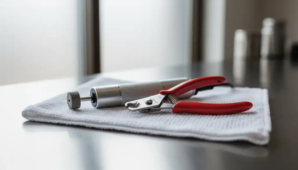 Rotary nail grinder and guillotine nail clippers resting on a towel on a stainless counter