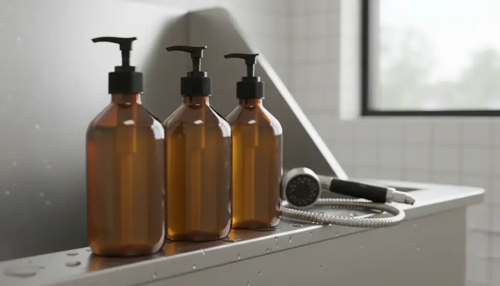 Amber pump bottles of organic dog shampoo on the stainless rim of a grooming tub, sprayer coiled beside them