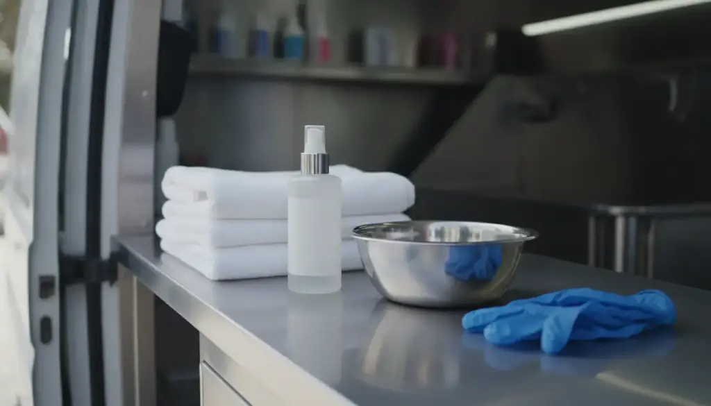 Spray bottle, stainless bowl, rubber gloves and folded white towels on a grooming van counter